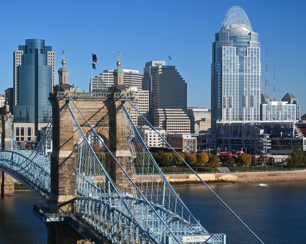 Roebling Suspension Bridge and the Cincinnati skyline across the Ohio River